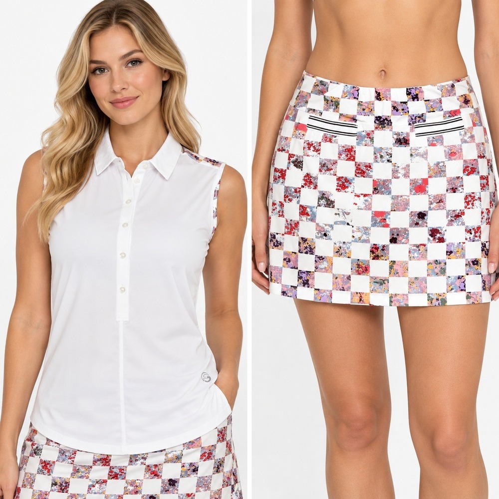 Foray Golf Womens Floral Checkered Sleeveless Polo Shirt and Skort Set White M
